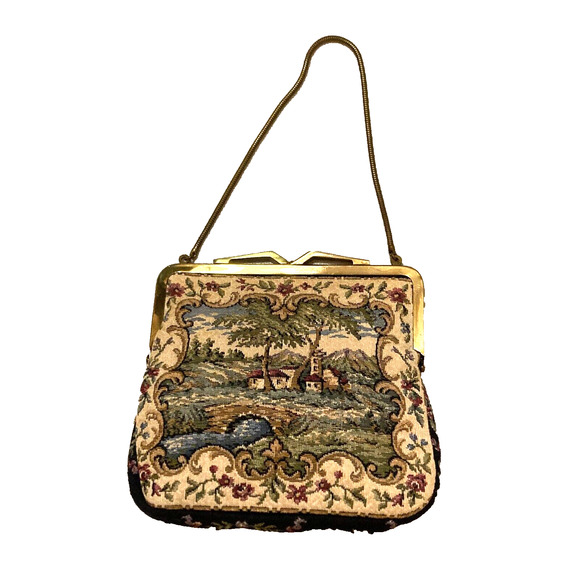 1950s Petit Point Tapestry Purse | West Germany | Gold Snake Chain - Picture 1 of 8